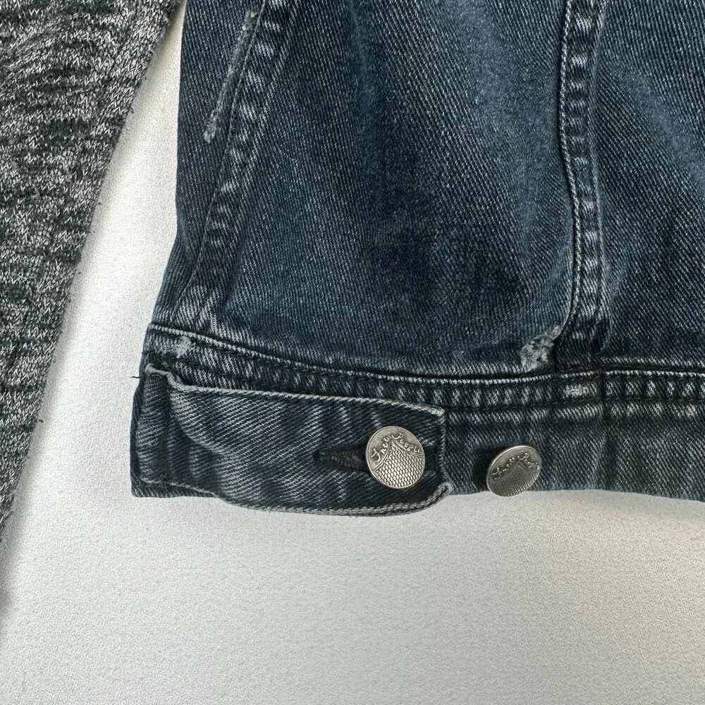 Free People Distressed Denim Jacket Knit Hood & Sleeves Dark Blue Wash - Picture 7 of 10